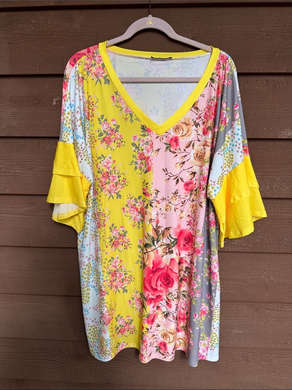 Lily Floral Patchwork Midi Dress in Yellow, Pink & Gray size 3XL